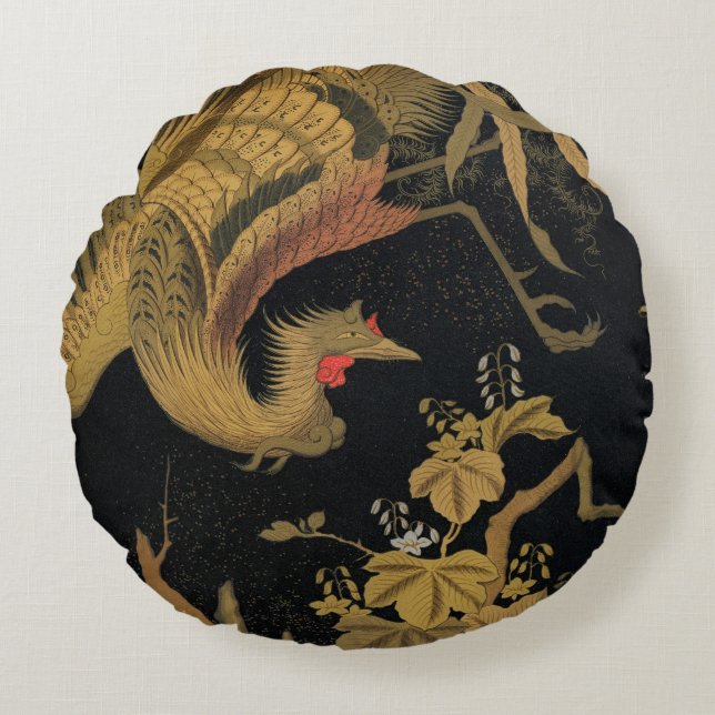Vintage Japanska Phoenix Gold Black Bird Rund Kudde (Framsidan)