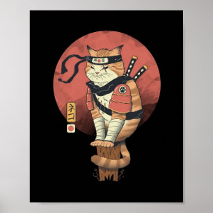 Vintage Japanska Retro Sushi Samurai Neko Cat T-Sh Poster