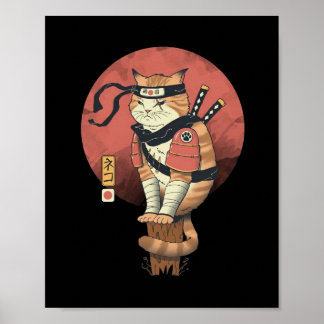 Vintage Japanska Retro Sushi Samurai Neko Cat T-Sh Poster