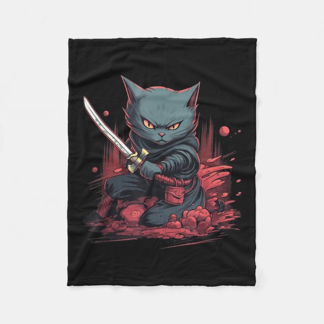 Vintage Japanska Samurai Ninja Cat Tattoo Kawaii Fleecefilt (Framsidan)