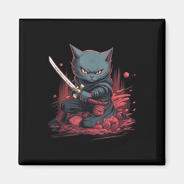 Vintage Japanska Samurai Ninja Cat Tattoo Kawaii Magnet (Framsidan)