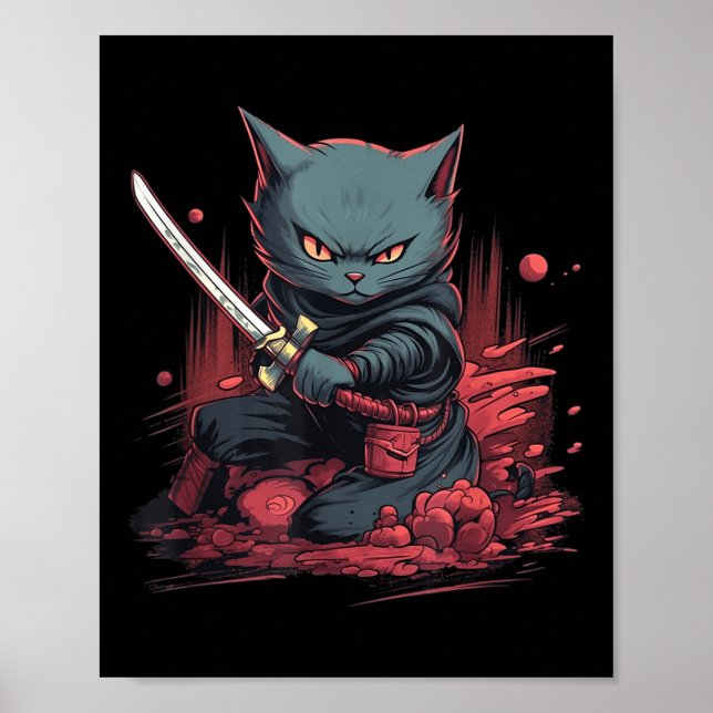 Vintage Japanska Samurai Ninja Cat Tattoo Kawaii Poster (Framsidan)