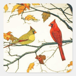 Vintage Japanska teckning, kardinaler på gren Fyrkantigt Klistermärke