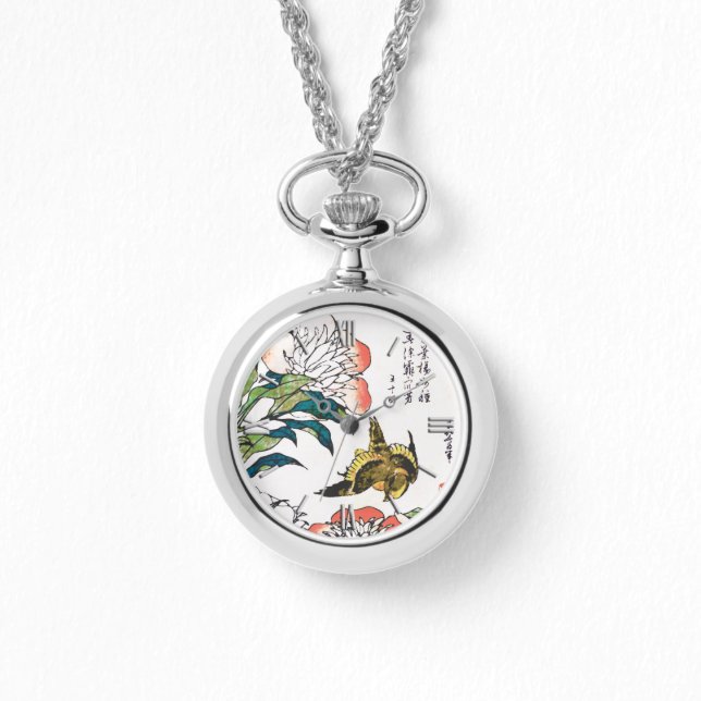 Vintage Japanska teckning, Peonies och Sparrow Armbandsur (Framsida)