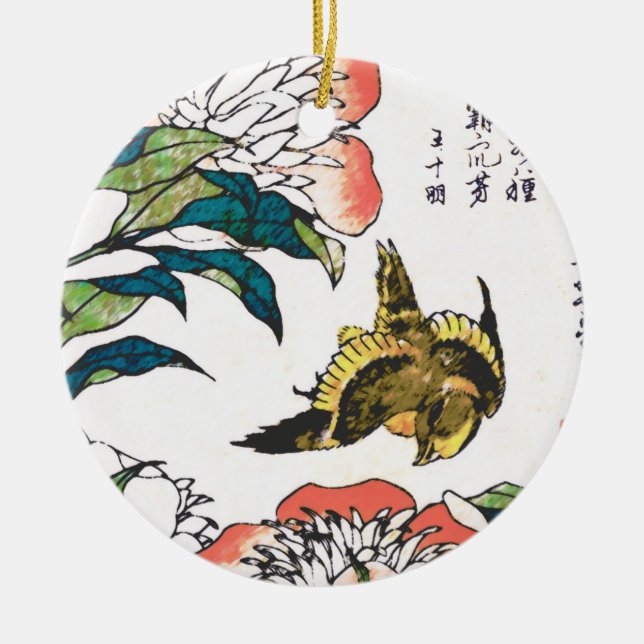Vintage Japanska teckning, Peonies och Sparrow Julgransprydnad Keramik (Framsidan)