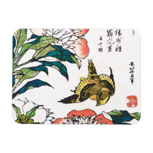 Vintage Japanska teckning, Peonies och Sparrow Magnet
