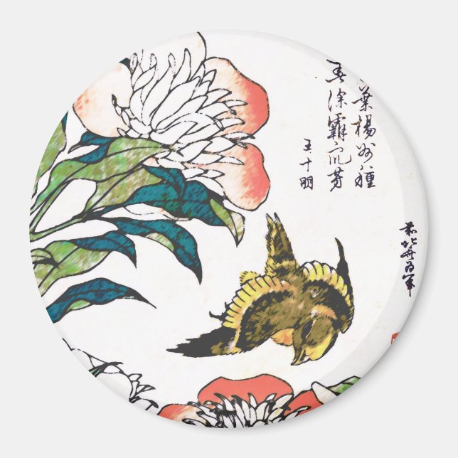 Vintage Japanska teckning, Peonies och Sparrow Magnet (Framsidan)
