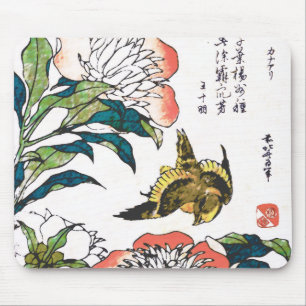 Vintage Japanska teckning, Peonies och Sparrow Musmatta