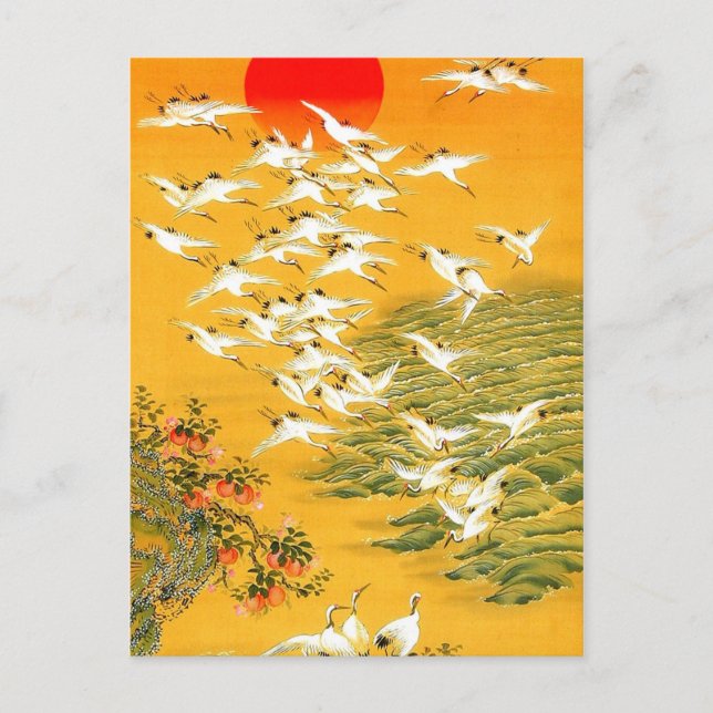Vintage Japanska tranes vid Sunset Vykort (Framsida)