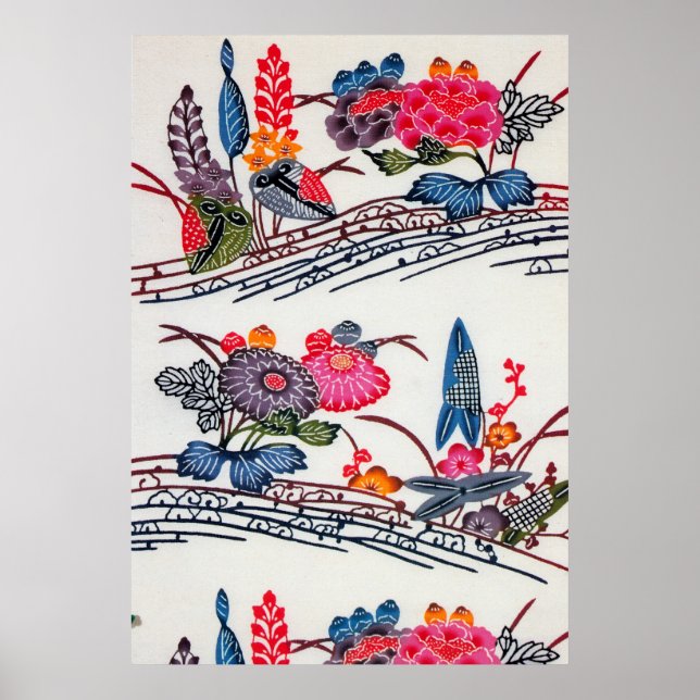 Vintage Japanskt KIMONO-Blommönster Poster (Framsidan)