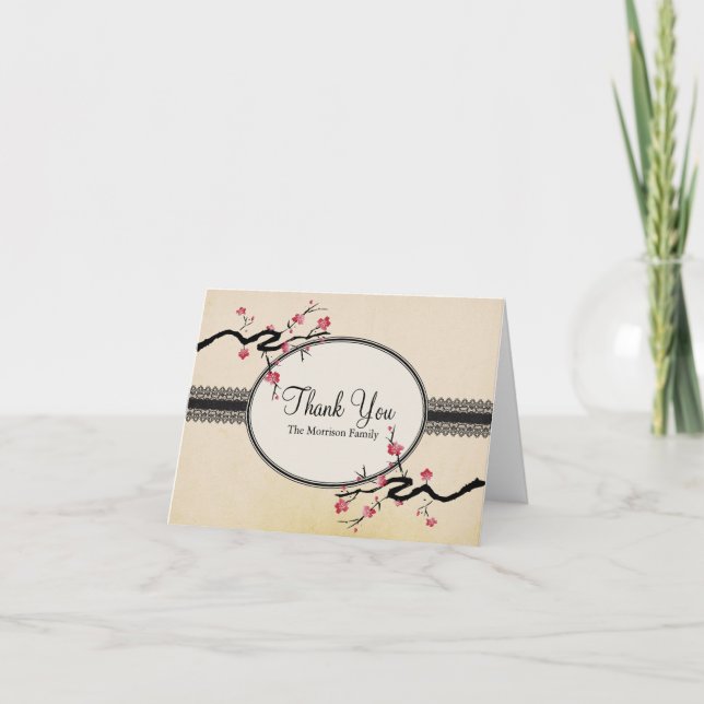 Vintage japanskt körsbärsblomsterr tackkort (Framsida)