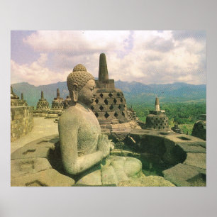 Vintage Java, Borobodur-tempel, Buddha figur Poster