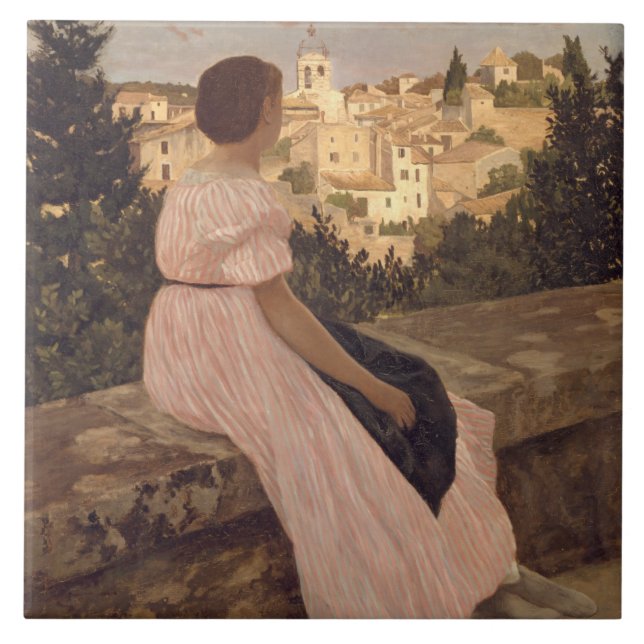 Vintage Jean Frederic Bazille Den rosa klänningen Kakelplatta (Framsidan)