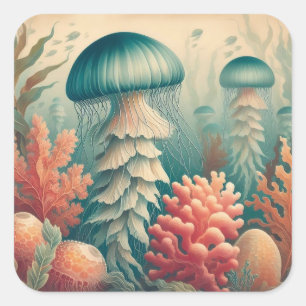 Vintage Jellyfish Illustration Antique Art Fyrkantigt Klistermärke