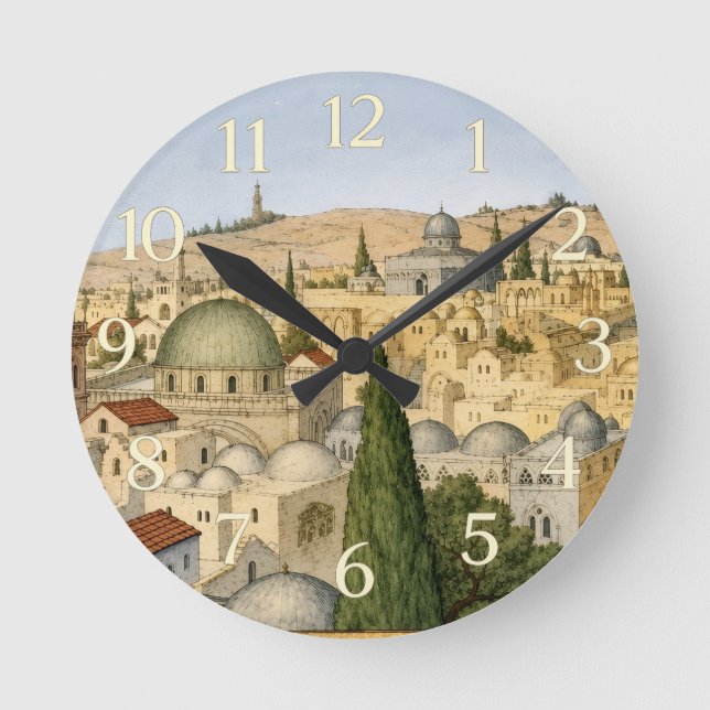 Vintage Jerusalem Panorama Rund Klocka (Framsida)