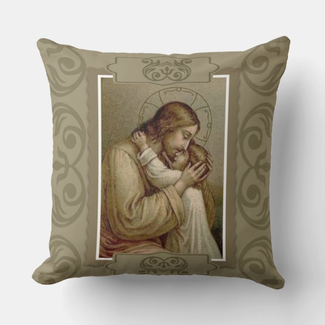 Vintage Jesus Christus hållande Unge Barn Kudde (Framsida)