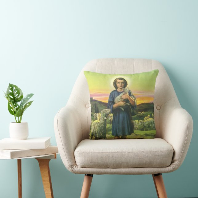 Vintage Jesus Kristus herden med lammunge Kudde (Stol)