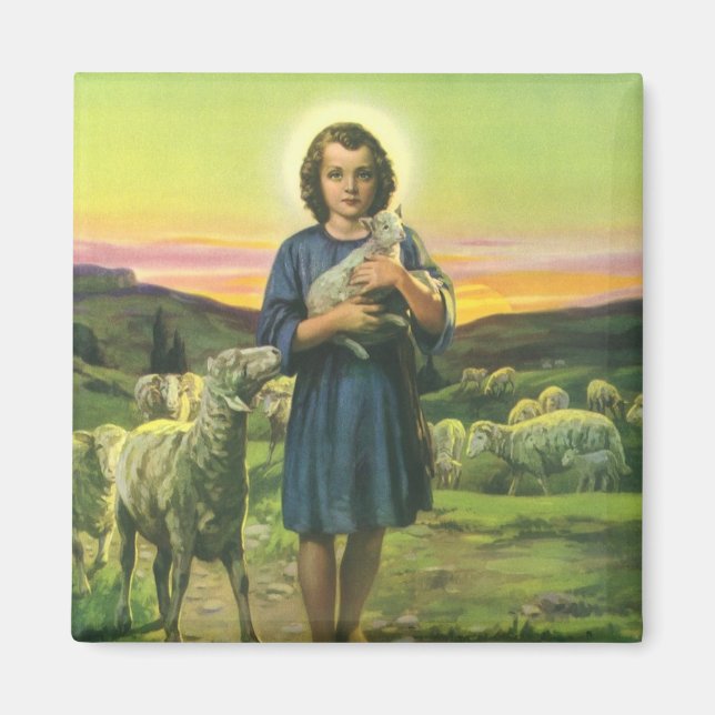 Vintage Jesus Kristus herden med lammunge Magnet (Framsidan)