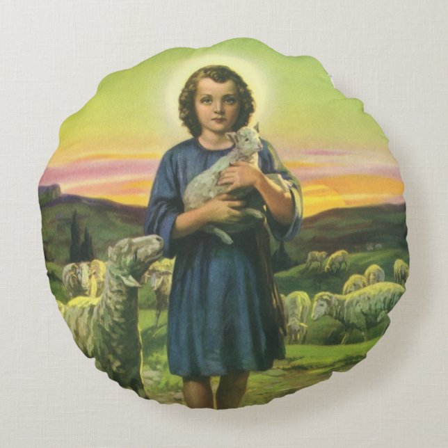 Vintage Jesus Kristus herden med lammunge Rund Kudde (Baksidan)