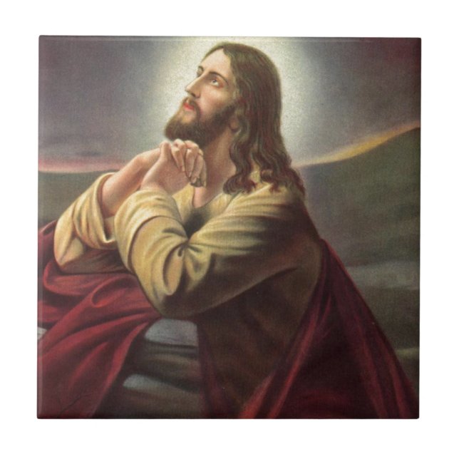 Vintage Jesus Kristus Praying Kakelplatta (Framsidan)