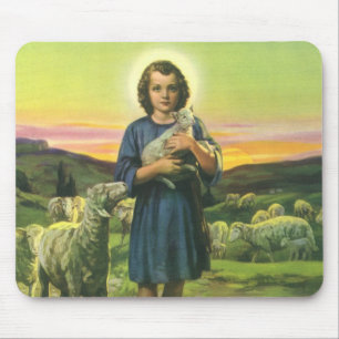 Vintage Jesus Kristus Shepherd med Baby Lamb Musmatta