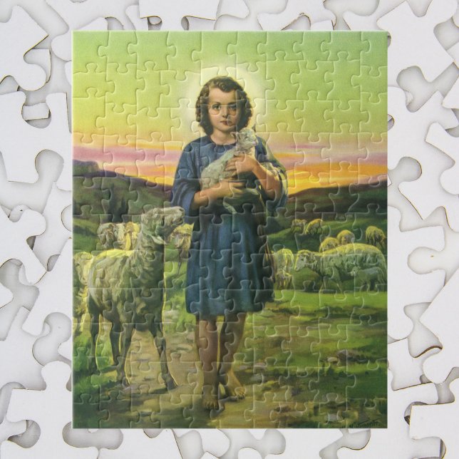 Vintage Jesus Kristus Shepherd med Baby Lamb Pussel (Skapare uppladdad)