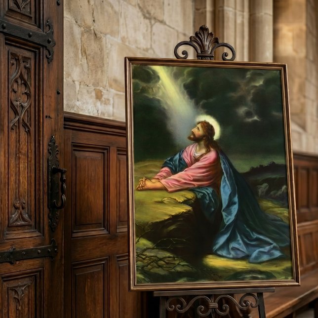 Vintage Jesus Kristus som ber, Getsemane trädgårde Poster (Vintage illustration religious design featuring Christ in the Garden of Gethsemane by Hofmann, 1886.)