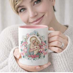 Vintage Jesus Virgin Mary Blommigt Memorare Prayer Två-Tonad Mugg