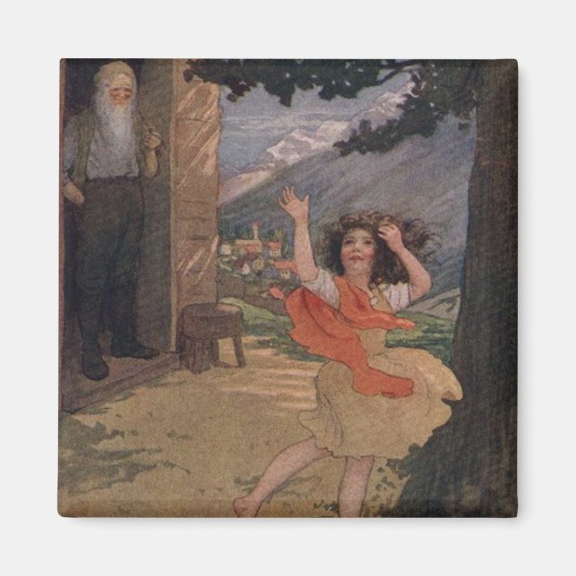 Vintage Johanna Spyri Heidi de schweiziska Alperno Magnet (Framsidan)