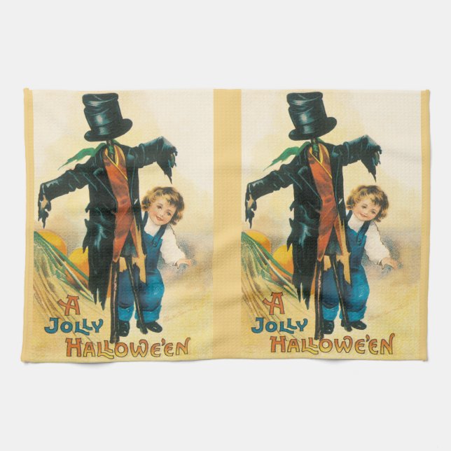 Vintage Jolly Halloween Fågelskrämma Ellen Clapsad Kökshandduk (Horisontell)