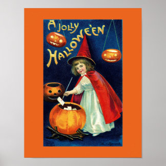 Vintage Jolly Halloween Flicka Häxa Affisch