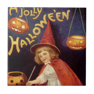 Vintage Jolly Halloween Witch av Ellen Clapsaddle Kakelplatta