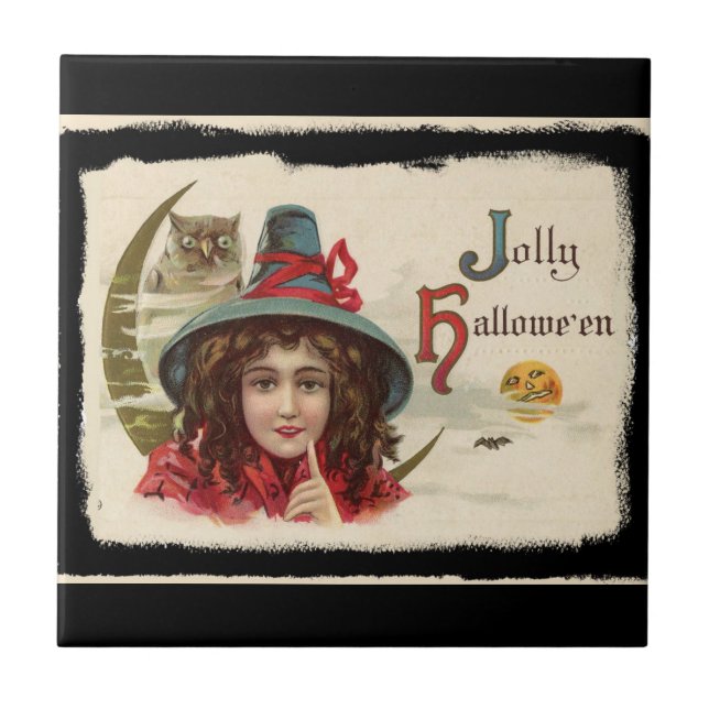 Vintage Jolly Halloween Witch Kakelplatta (Framsidan)