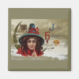 Vintage Jolly Halloween Witch Square Magnet