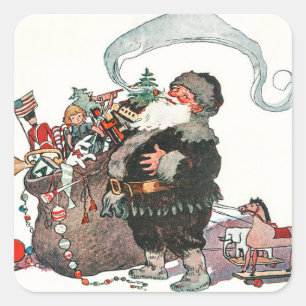 Vintage Jolly Old Elf Jultomten ger julklapp Fyrkantigt Klistermärke