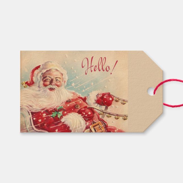 Vintage Jolly Santa Hello Presentetikett (Framsidan (Horisontell))