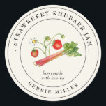 Vintage Jordberry rhubarb sylt canning Label Runt Klistermärke<br><div class="desc">Elegant,  enkla och klassiska,  jordgubbsegenmärken för jordgubbsrhubarb sylt burk med personlig,  som har jordgubbsjordgubbar för vintage av vattenfärg och rhubarb med benvit bakgrund.</div>