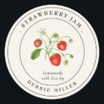Vintage Jordberry sylt canning Label Runt Klistermärke<br><div class="desc">Elegant,  enkla och klassiska etiketter för jordgubbsjordgubben sylt burk med personlig som innehåller jordgubbsjordgubben för vintage av vattenfärg på benvit bakgrund.</div>