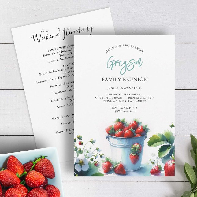 Vintage Jordgubb Familjeåterträffens Program (Family reunion invitations with itinerary watercolor strawberry art vintage tin.)