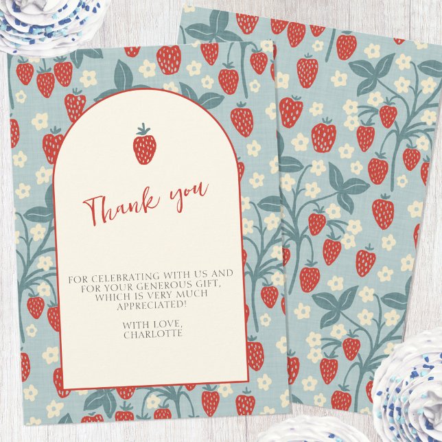 Vintage Jordgubb Tackkort Inbjudningar (Vintage inspired strawberry pattern thank you card)