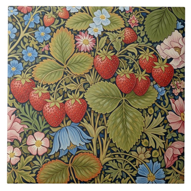 Vintage jordgubbar och blommor  kakelplatta (Framsidan)