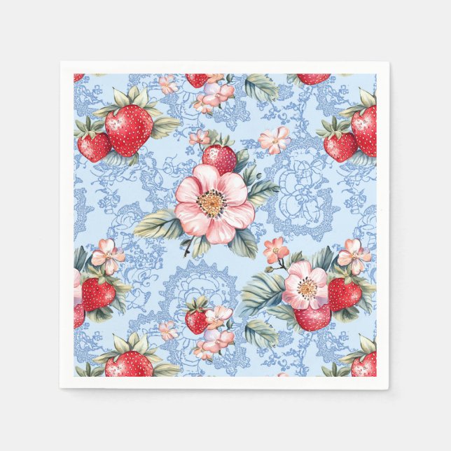 Vintage Jordgubbar och blommor Mönster Pappersservett (Framsidan)