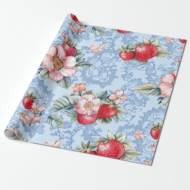 Vintage Jordgubbar och blommor Mönster Presentpapper (Utrullad)