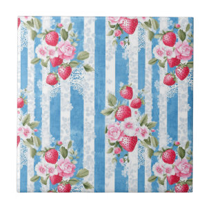 Vintage Jordgubbar och blommor på Blå Rand Kakelplatta