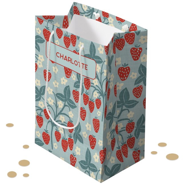 Vintage Jordgubbe Personlig Blommig Botanisk (Personalized strawberry plant pattern block print gift bag)