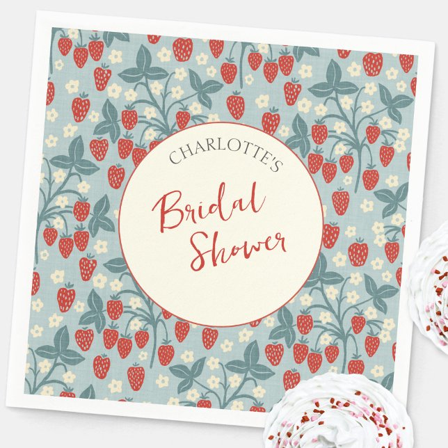Vintage Jordgubbs Bröllopsdusch Pappersservett (Vintage style block print strawberry plant personalized bridal shower party paper napkins)