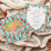 Vintage Jordgubbs Födelsedagsinbjudan Med Foto