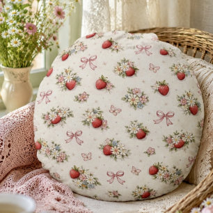 Vintage Jordgubbsblomma Sömlös cottagecore Rund Kudde