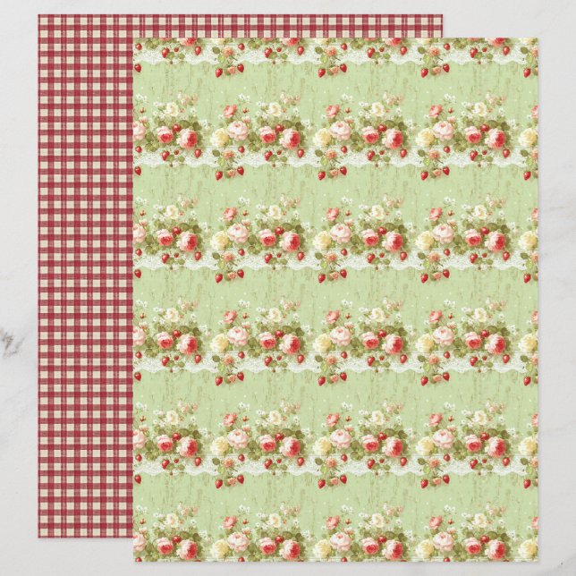 Vintage Jordgubbsblommig Scrapbookpapper (Fram/baksida)