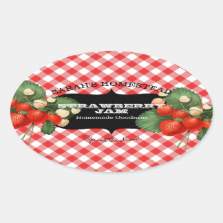 Vintage jordgubbsetikett Fruit Preserve Gingham Ovalt Klistermärke